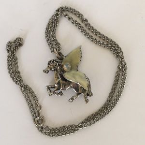 Vintage Flying Horse Pendant 18” Chain Necklace